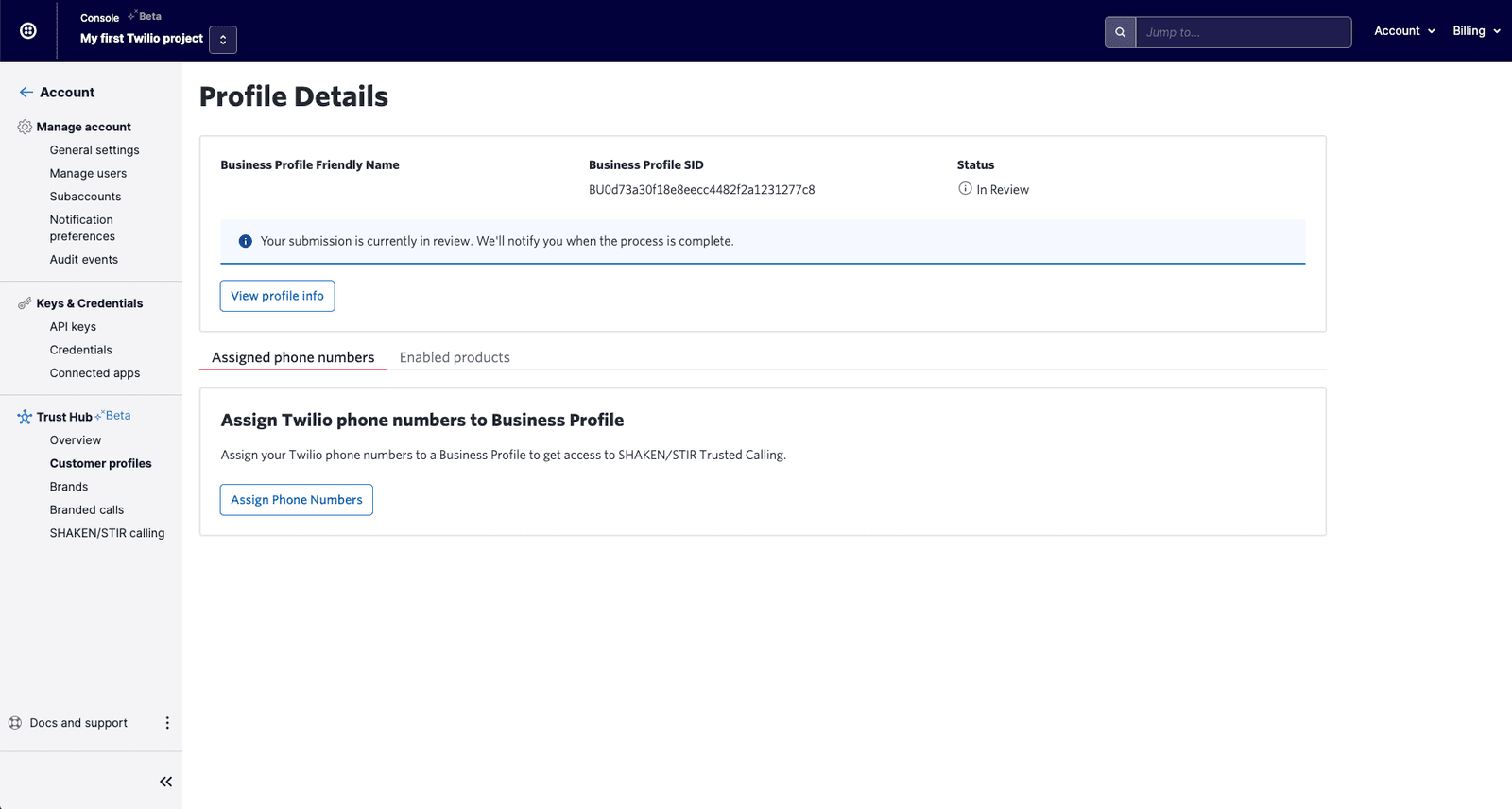 Profile details with business profile in review and phone number assignment option.