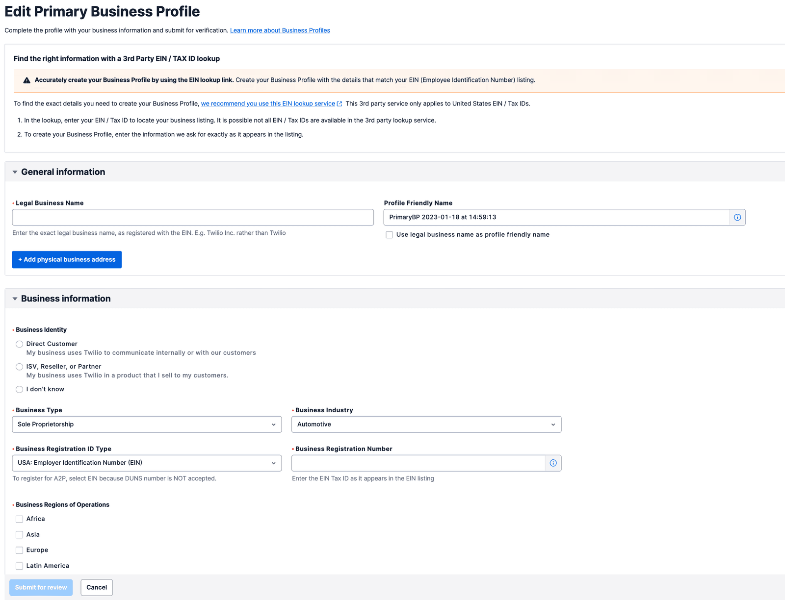 Twilio console for editing primary business profile with fields for legal name, profile name, and business details.