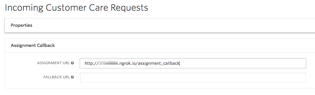 Form for setting assignment and fallback URLs for customer care requests.