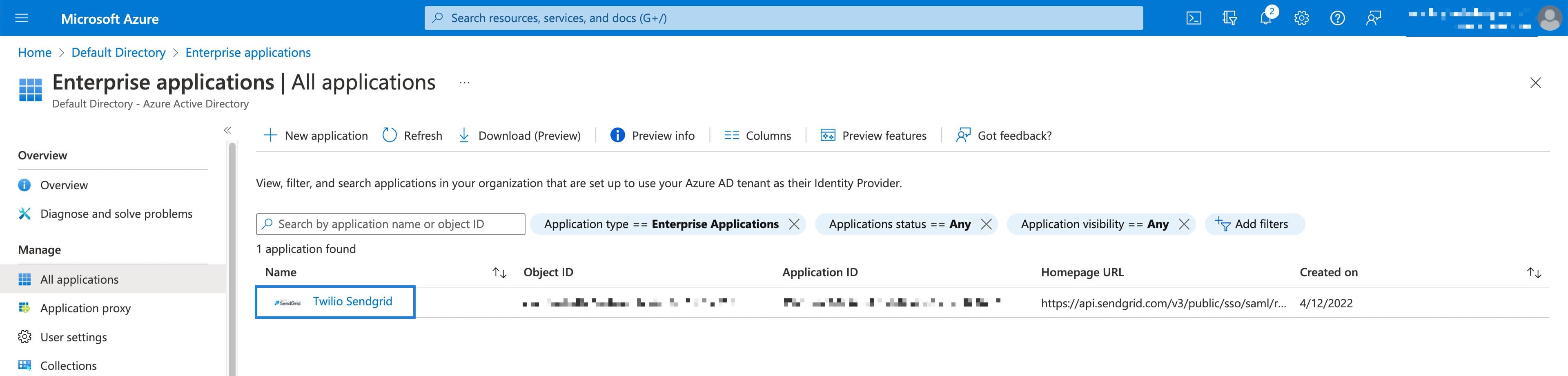 Twilio SendGrid app listed under Azure AD enterprise applications with filters applied.