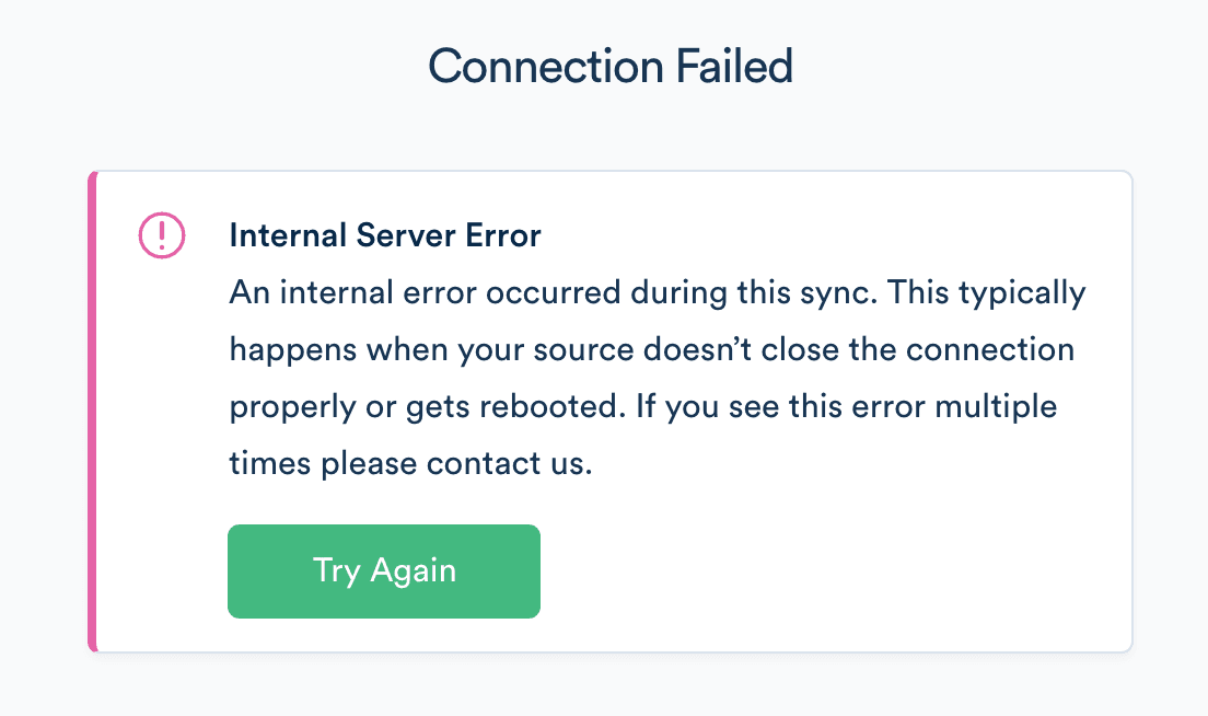 The Connection Failed with Internal Server Error during sync window with the Try Again button.