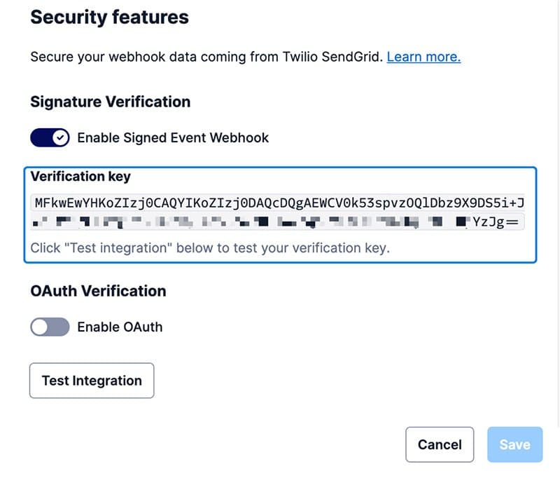 Security settings for enabling signed event webhook with verification key and OAuth option.