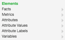 List of elements including facts, metrics, attributes, values, labels, and variables.