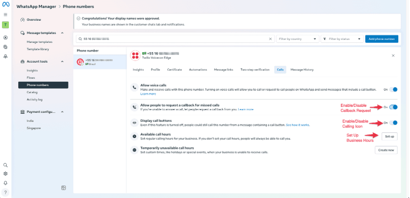 WhatsApp Manager interface showing phone number settings with options for voice calls and business hours.