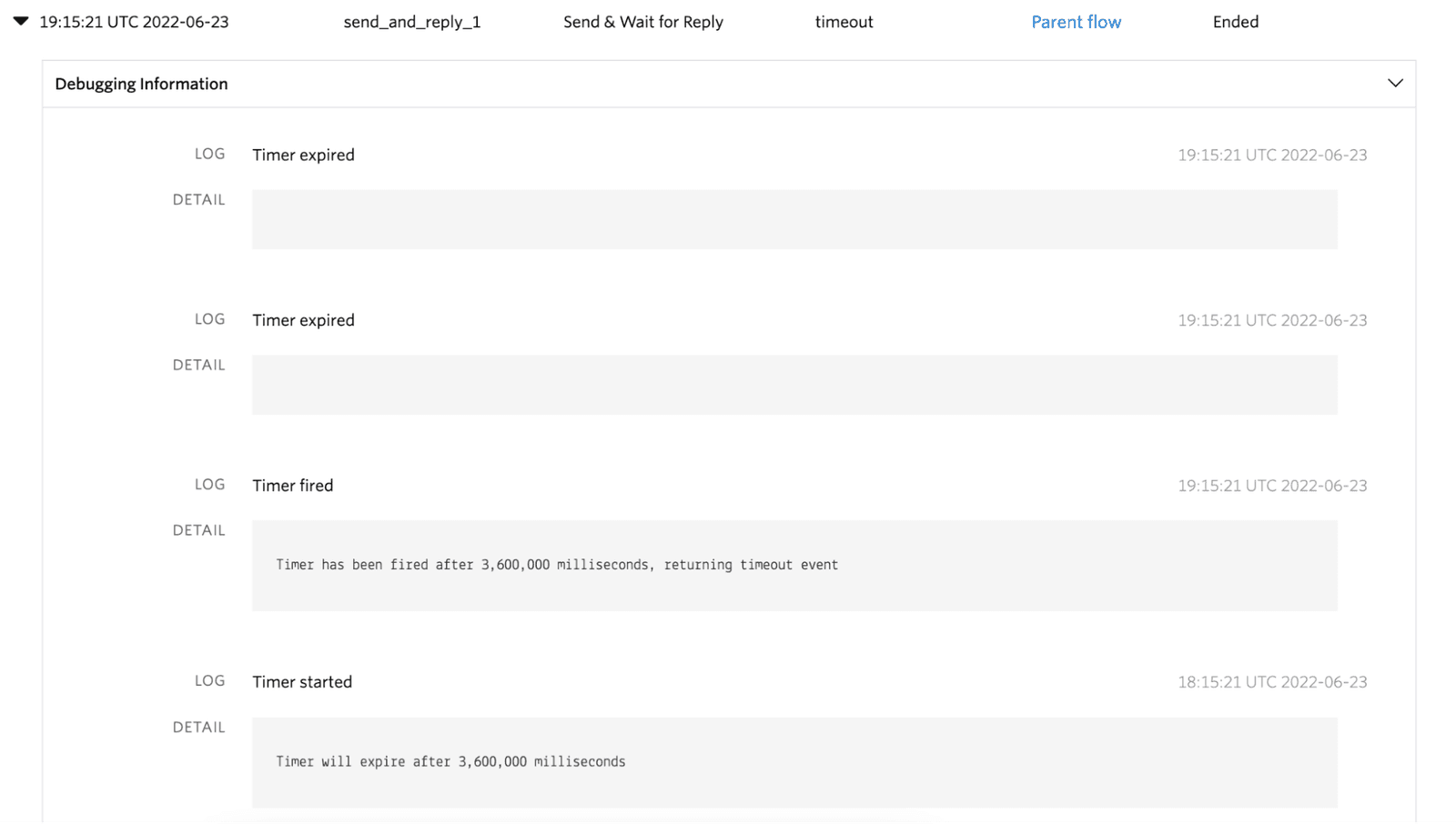 Twilio Studio logs showing timer events with timestamps and details.