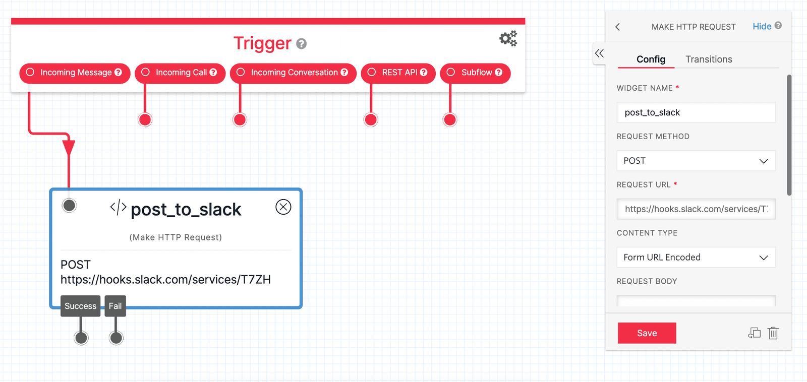 Twilio Studio Tutorial Post to Slack HTTP Request widget with Webhook shown in configuration panel.