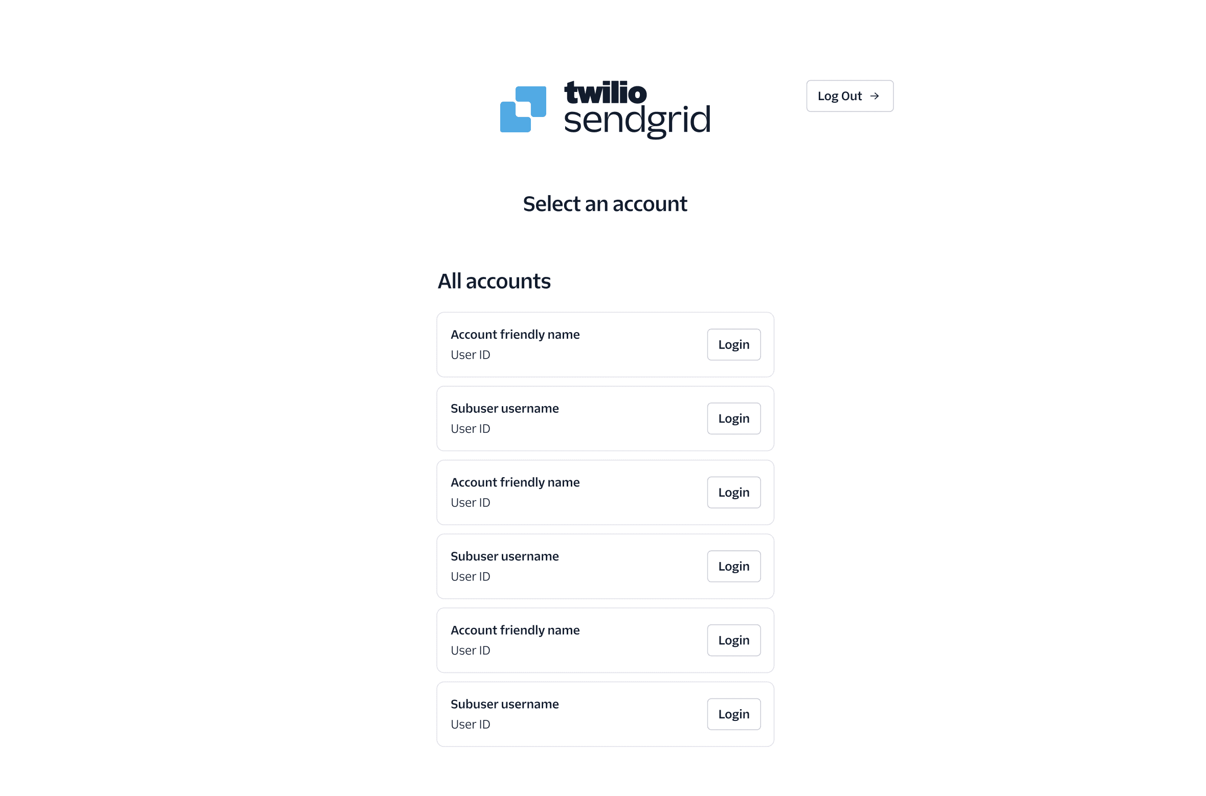 Twilio SendGrid account dashboard with options to log in to multiple accounts and a logout button.