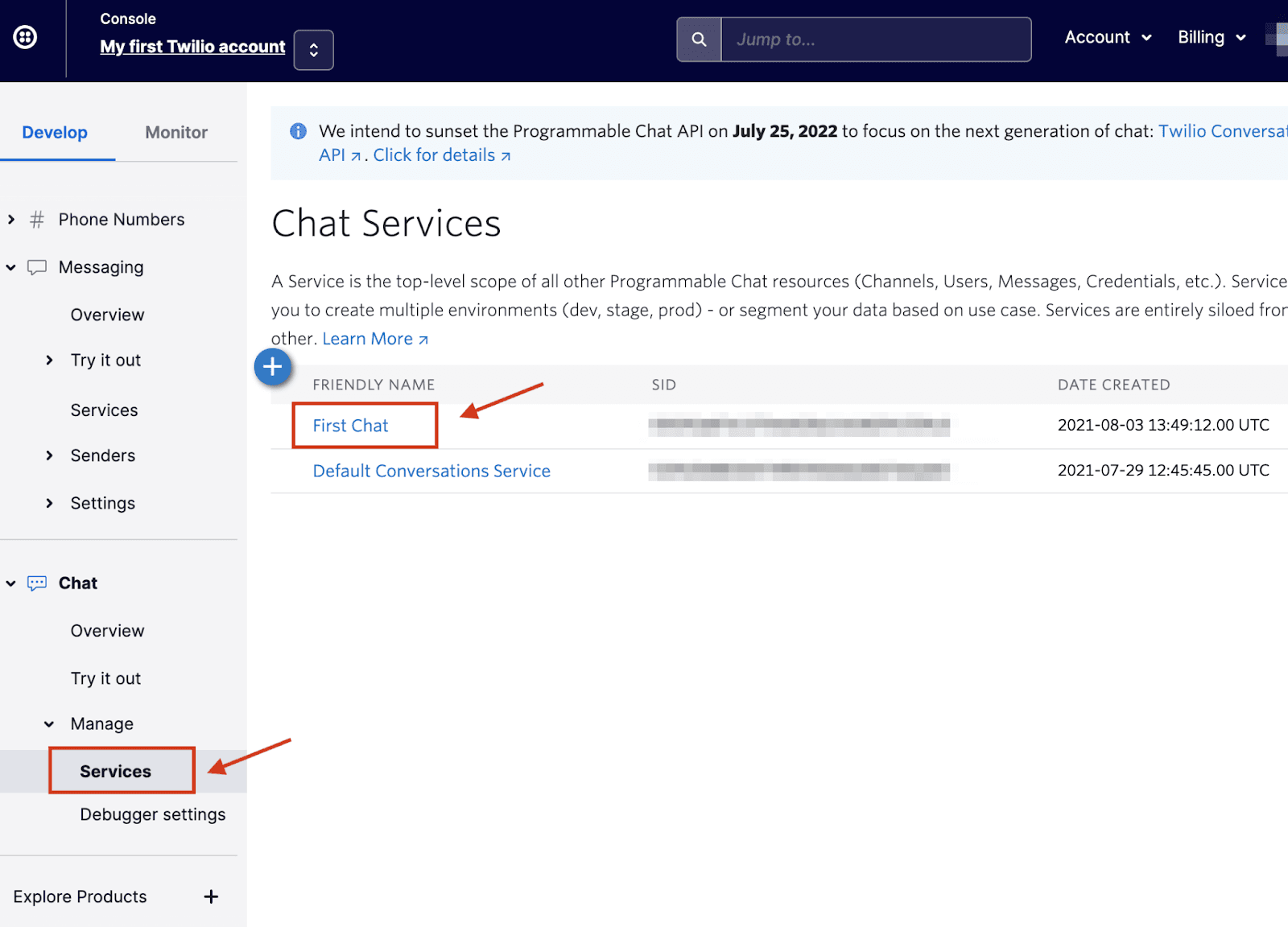 Chat Services page with 'First Chat' and 'Default Conversations Service' listed.