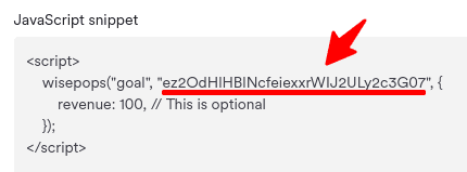 JavaScript snippet with Wisepops goal ID highlighted.