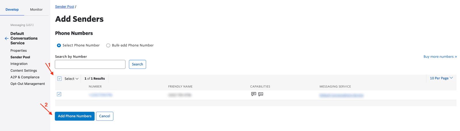 Interface for adding phone numbers with options to select or bulk-add and a search function.