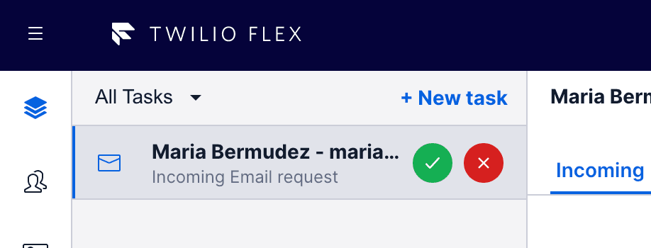 Twilio Flex interface showing an incoming email request from Maria Bermudez with accept and reject options.