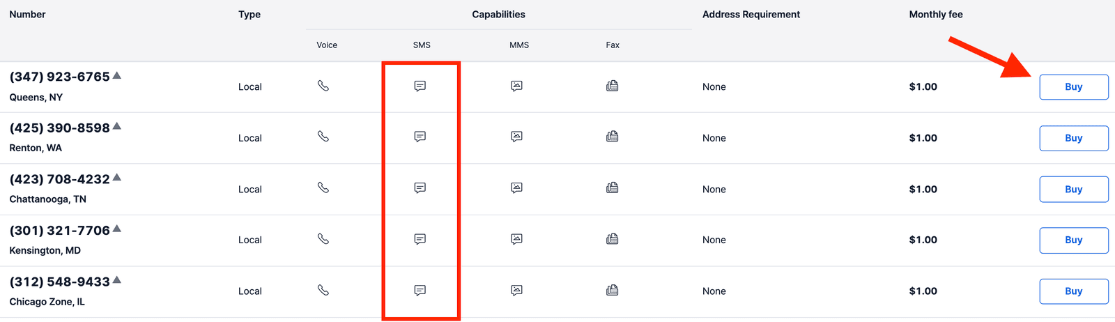 List of available local phone numbers with SMS, MMS, and voice capabilities for purchase at $1.00 each.