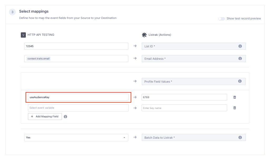 Mapping fields from HTTP API to Listrak with useAudienceKey highlighted.