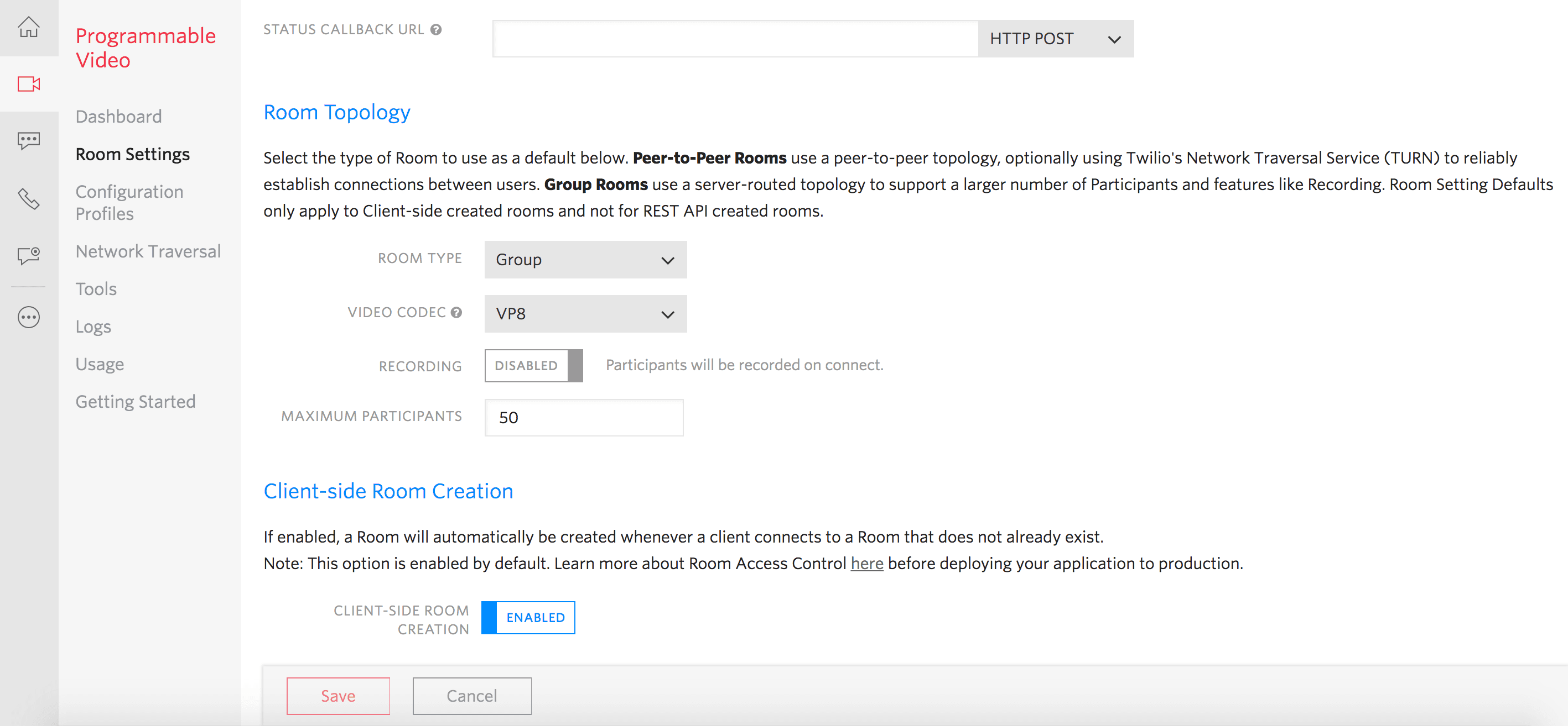 Programmable Video settings screen showing options for room type, video codec, recording and client-side room creation.