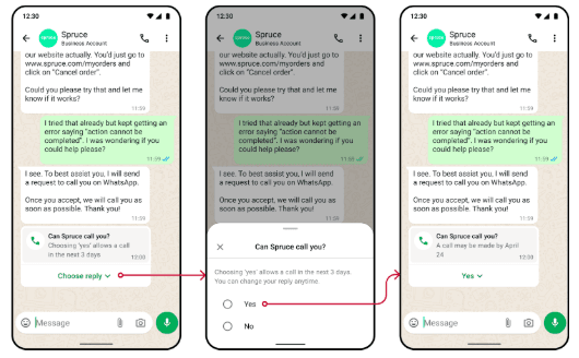 WhatsApp chat showing a call permission request with options to allow or deny a call from Spruce.
