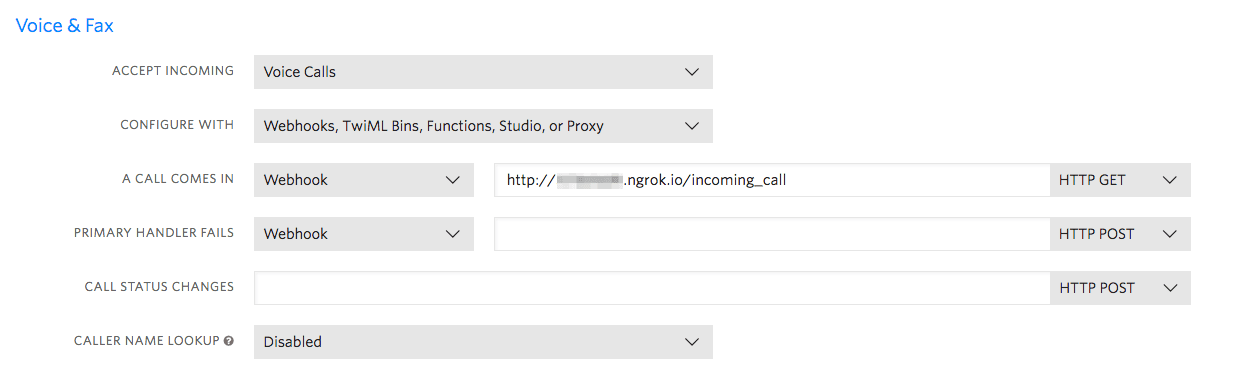 Voice call webhook settings with ngrok URL for incoming calls.