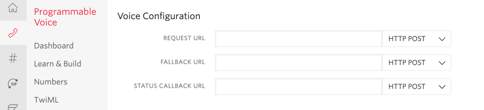 Voice configuration with fields for request, fallback, and status callback URLs set to HTTP POST.