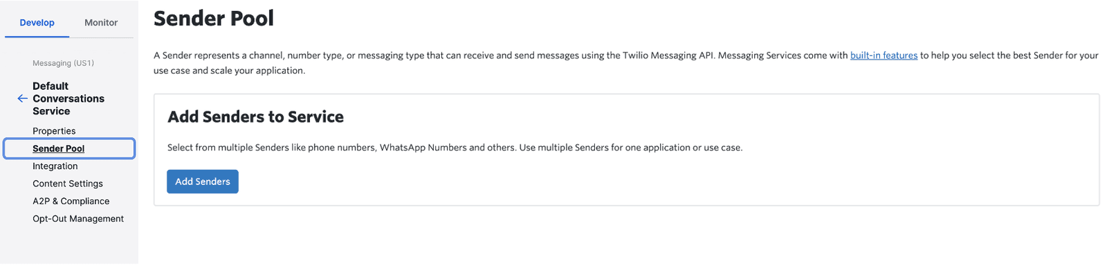 Sender Pool interface with 'Add Senders to Service' button highlighted.