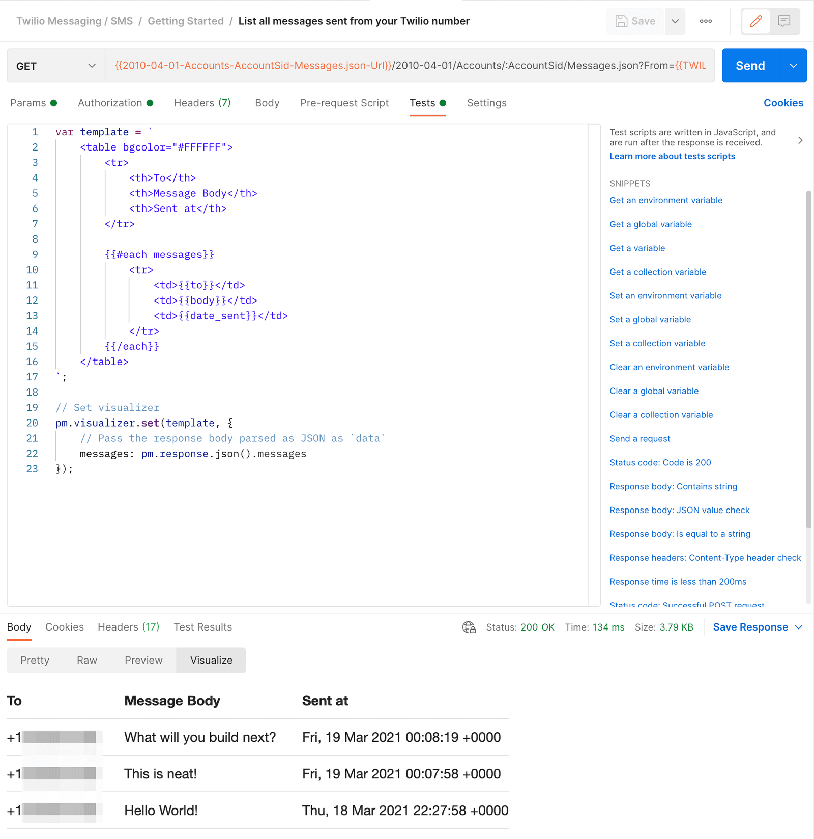 Code snippet for visualizing Twilio SMS messages with a table template in Postman.