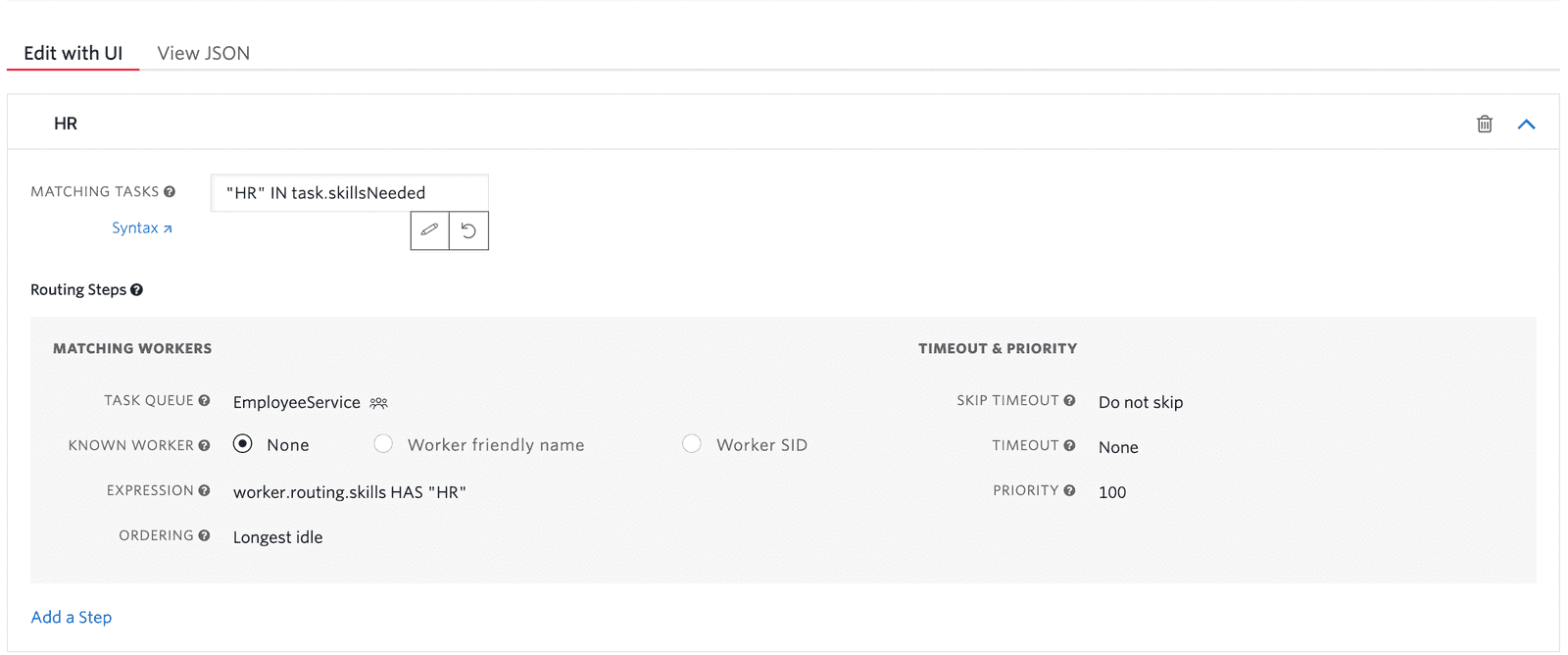 HR filter with task queue EmployeeService and priority 100.