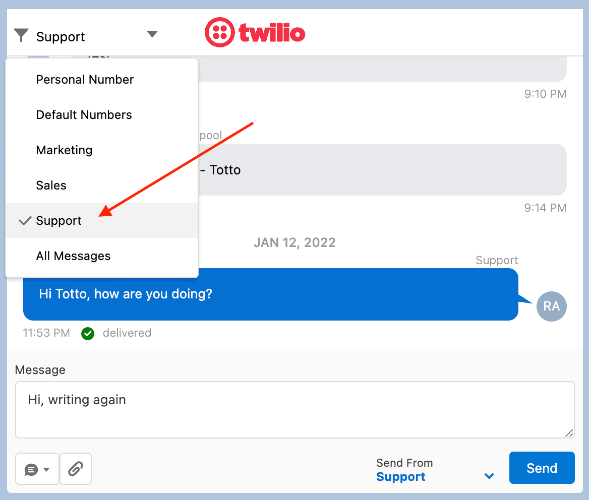Dropdown menu with team filter options selected on Support.