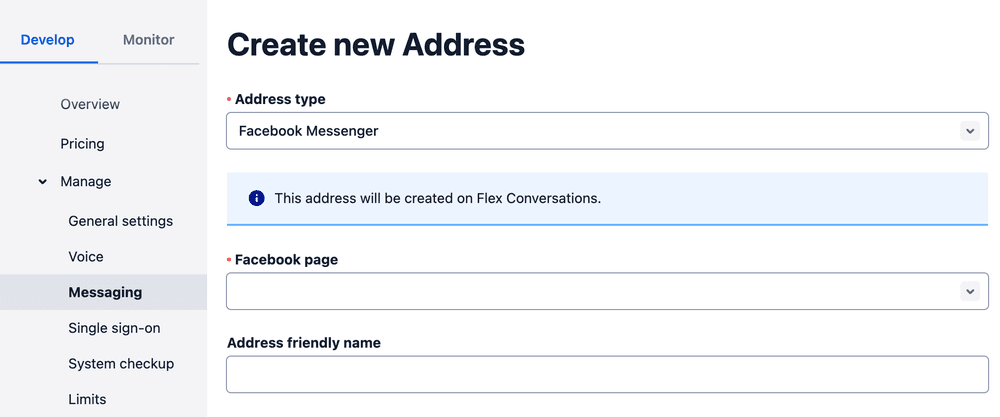 Form to create a new Facebook Messenger address for Flex Conversations.