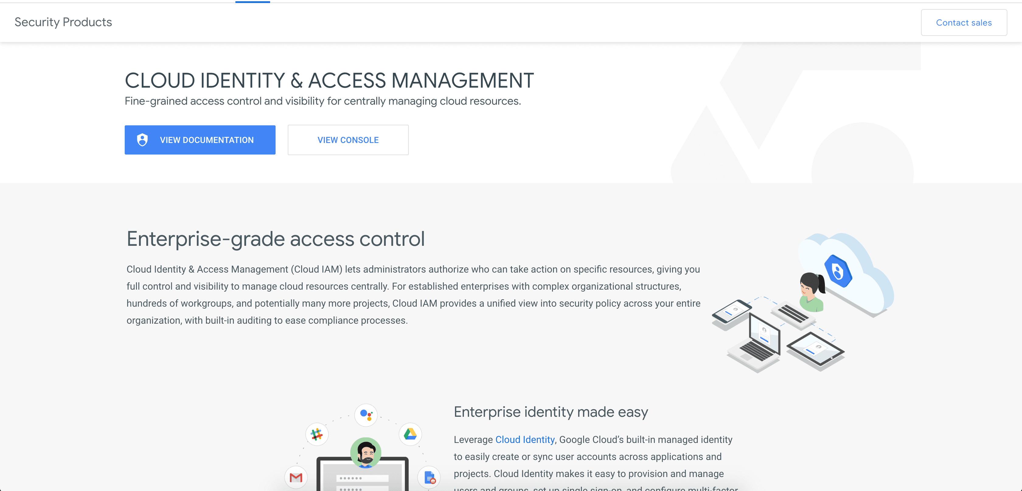 Google Cloud Identity and Access Management overview with documentation and console buttons.