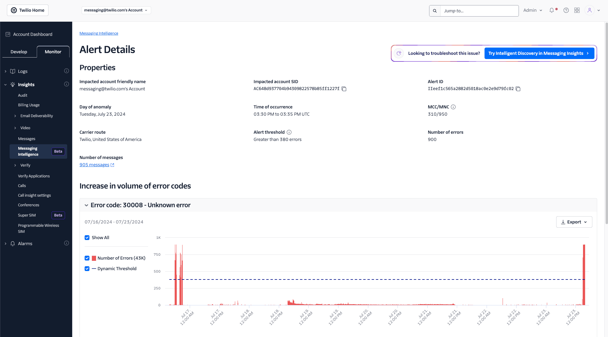 Intelligence Alerts details page showing properties of an alert, possible causes, solutions, and error description.