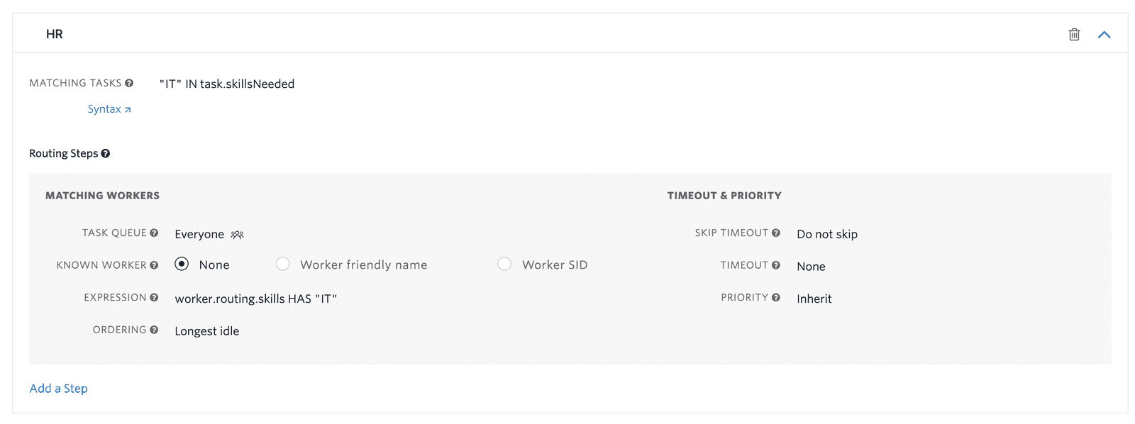 HR workflow with IT skill filter, matching workers by longest idle time.