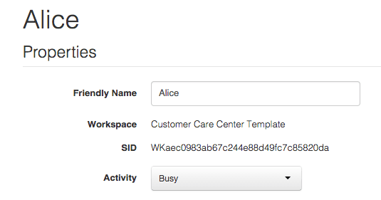 Alice's activity set to Busy in Customer Care Center Template workspace.