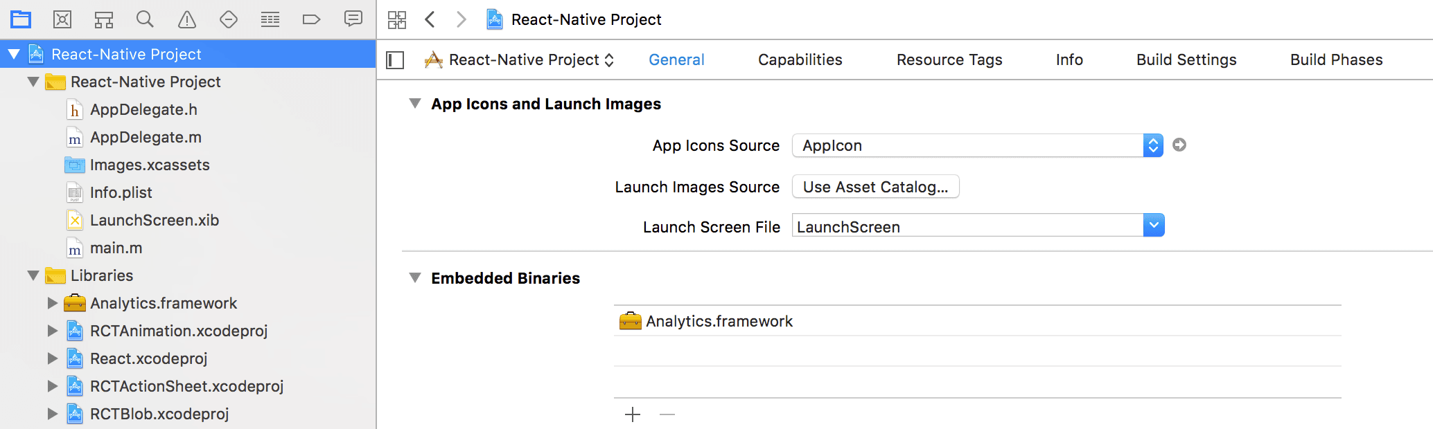 Xcode project showing Analytics.framework under Embedded Binaries.