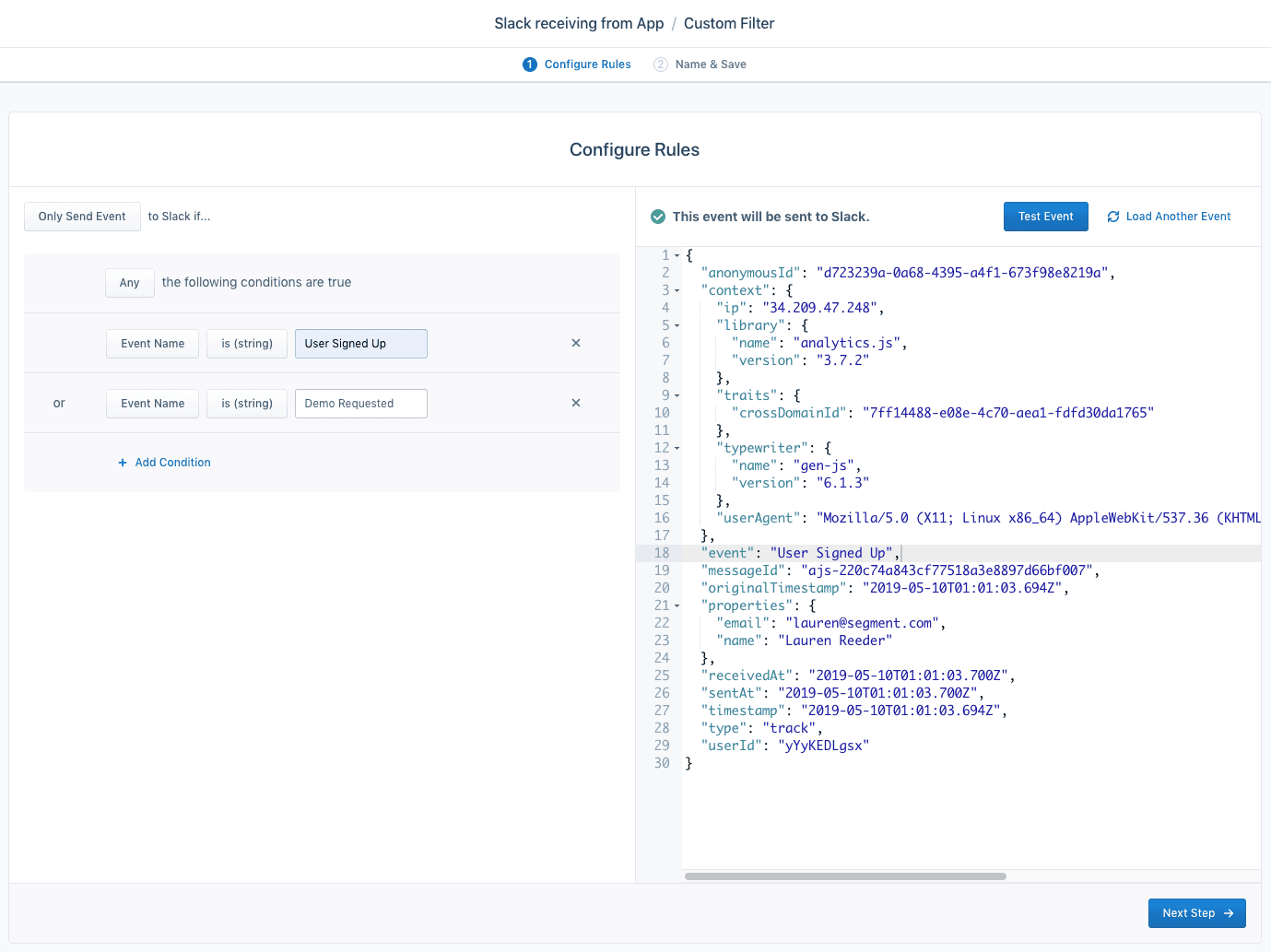 Slack filter for events 'User Signed Up' or 'Demo Requested'.