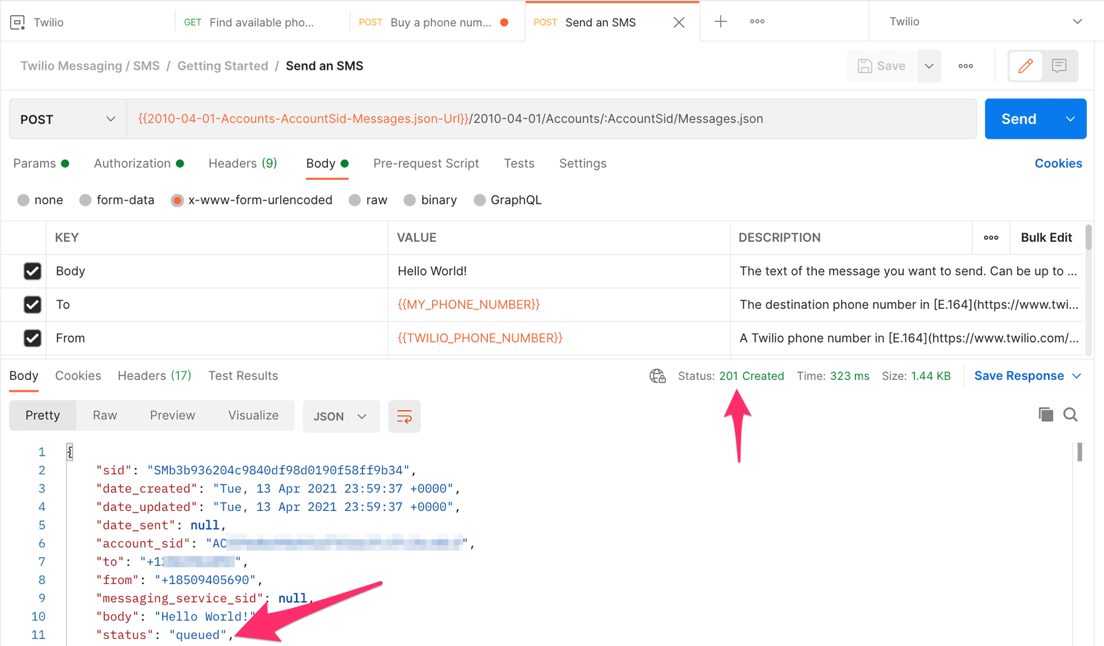 Twilio API POST request with status 201 Created for sending SMS.