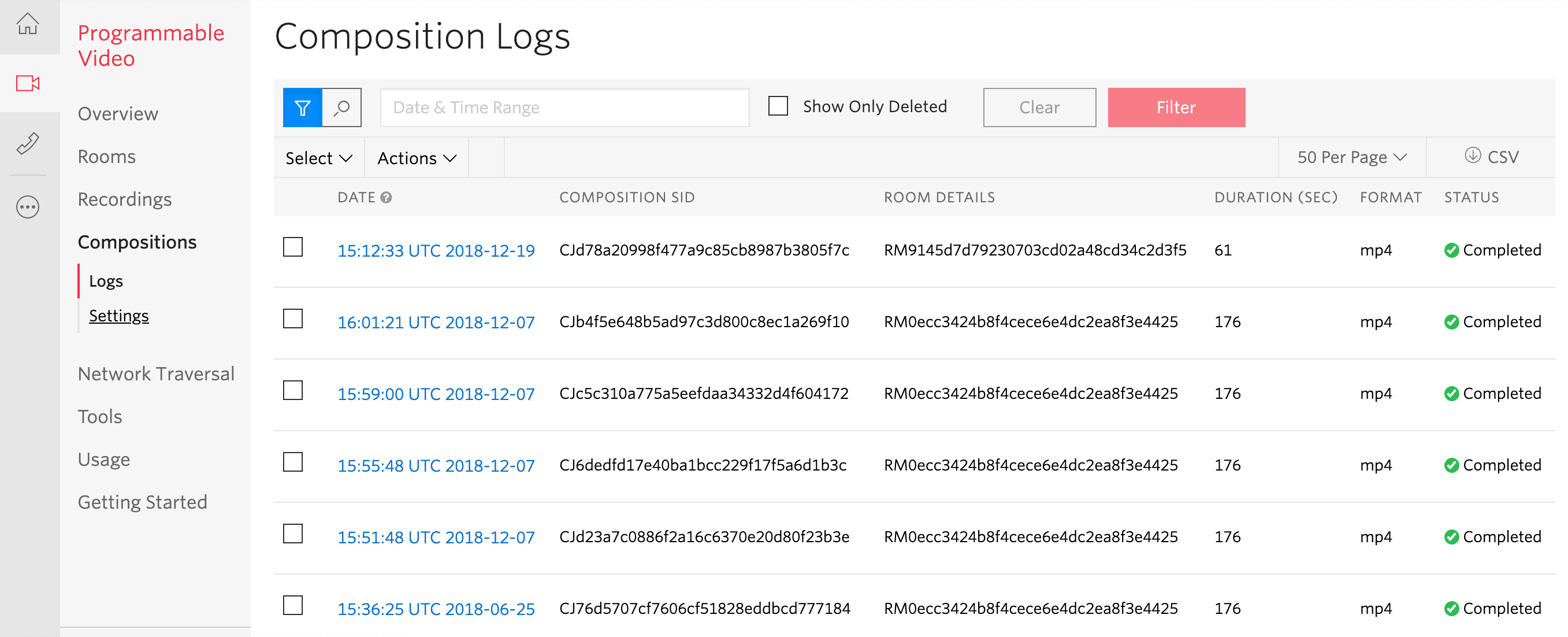 Twilio video composition logs showing timestamps, IDs, durations, formats, and statuses.