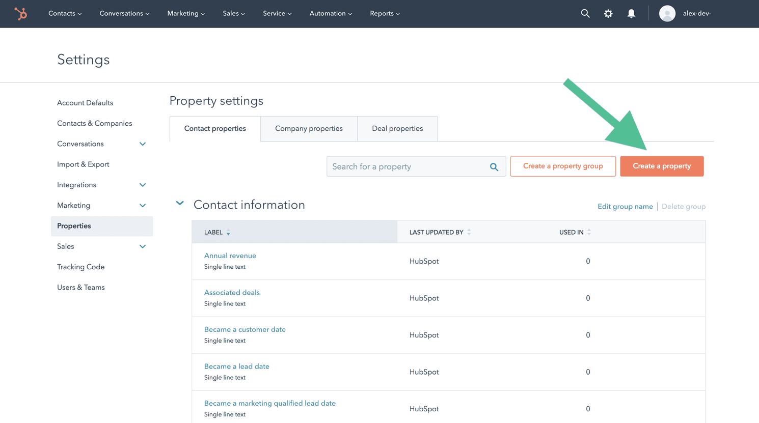 HubSpot settings page showing contact properties and create a property button.