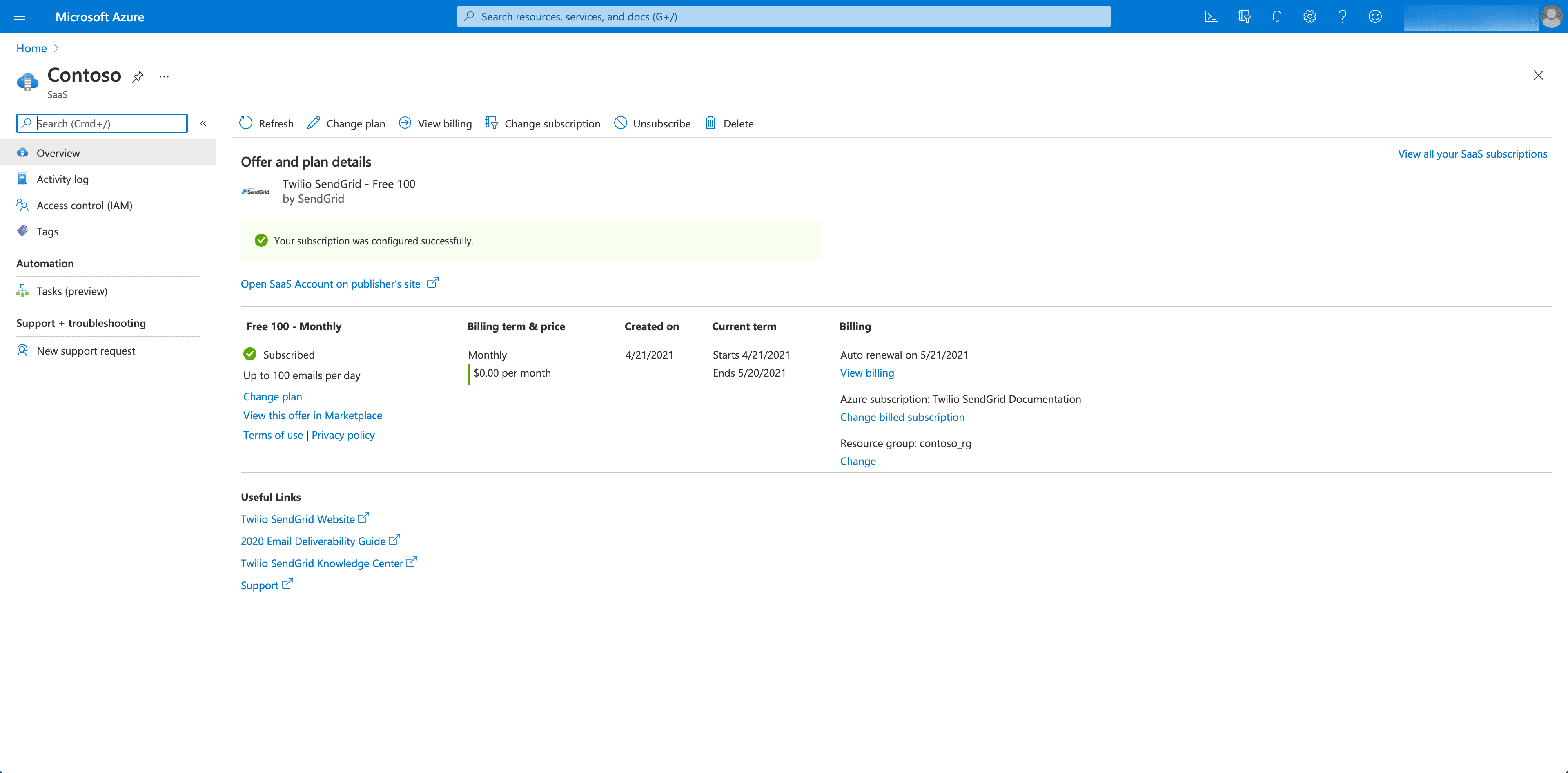 Azure page showing Twilio SendGrid subscription details and billing information.