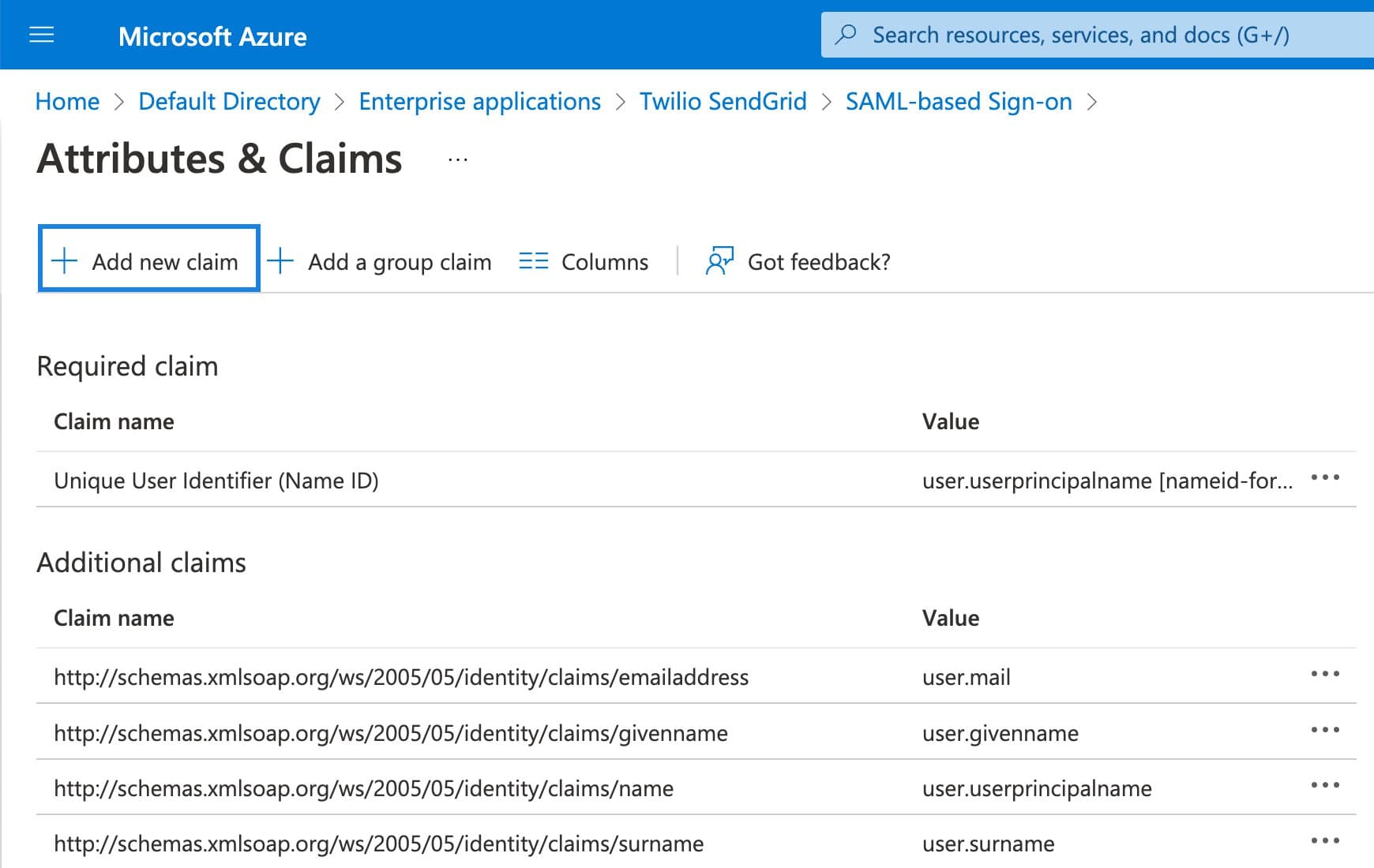 Azure portal showing options to add new claims with existing required and additional claims listed.