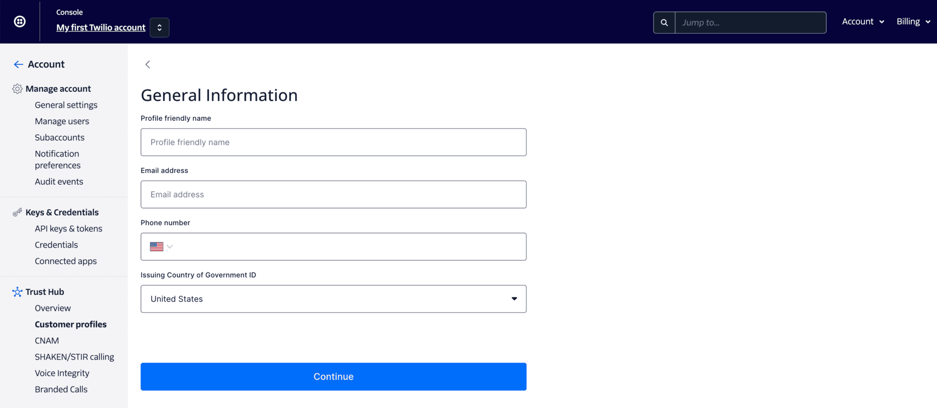 Form fields for profile name, email, phone, and government ID country.