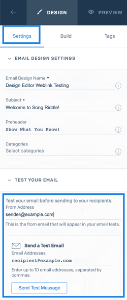 Settings tab showing email design and test email fields with example addresses.