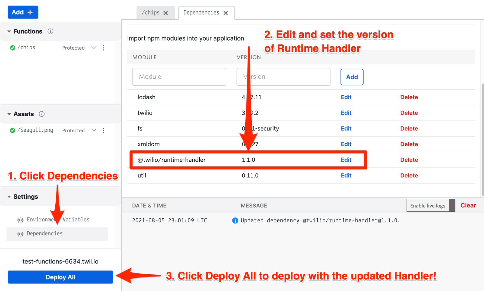 Steps to set the Runtime Handler version to 1.1.0 in Twilio Functions dependencies.