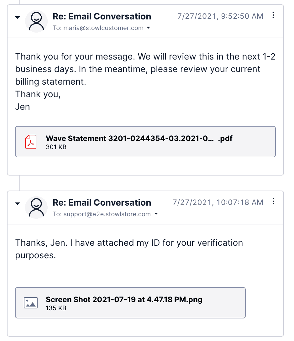 Email thread with attachments: a billing statement PDF and an ID .