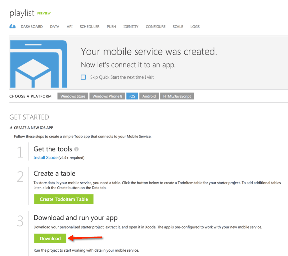 Instructions for creating an iOS app with steps to install Xcode, create a table, and download the app.