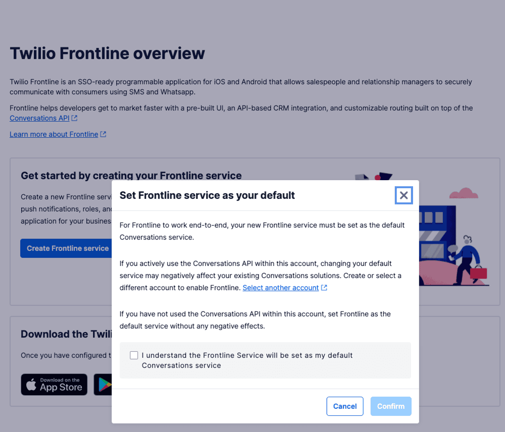 Dialog box to set Frontline as default Conversations service with confirm and cancel options.