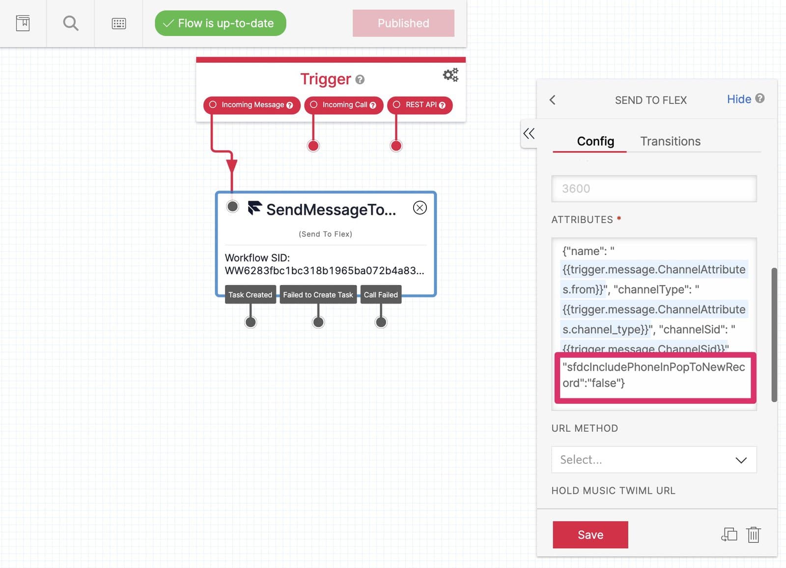Flowchart showing message triggers and configuration with highlighted attribute 'sfdcIncludePhoneInPopToNewRecord'.