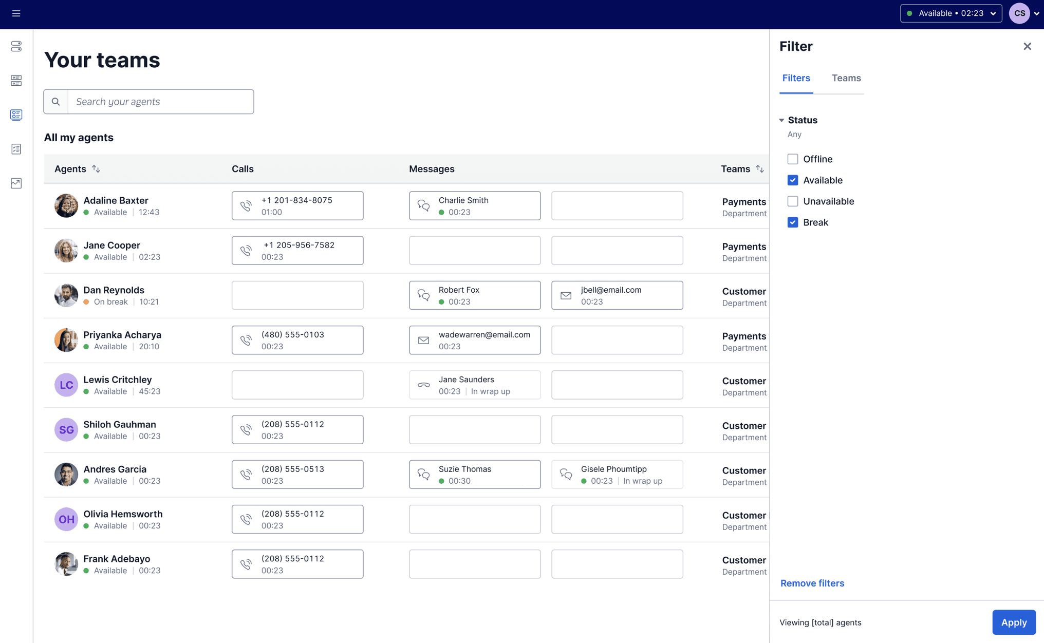 Filters tab on Teams page.