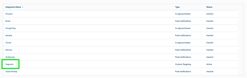 Segment integration highlighted in list with active status in Amplitude.