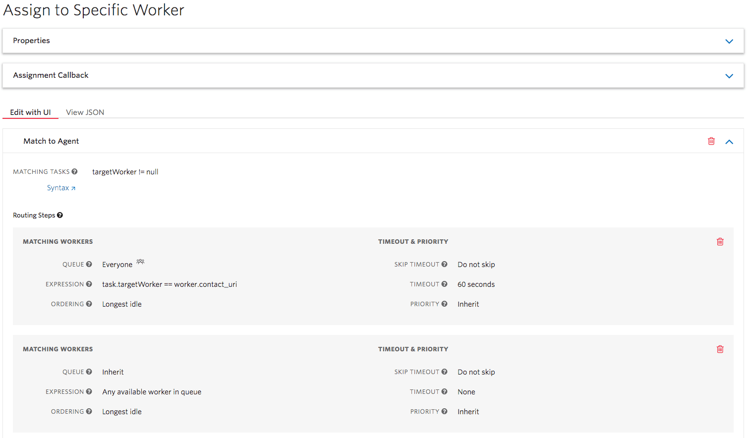 Twilio TaskRouter workflow showing task assignment to specific worker with routing steps and timeout settings.