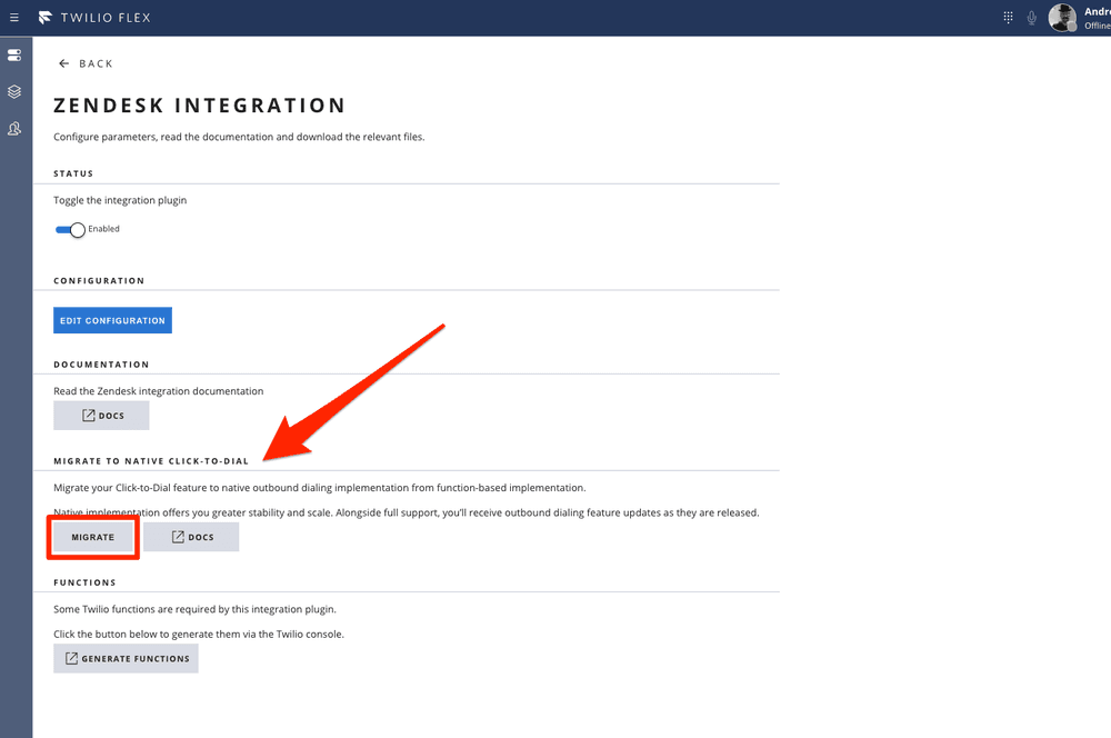 Zendesk integration page with migrate button highlighted for native click-to-dial feature.