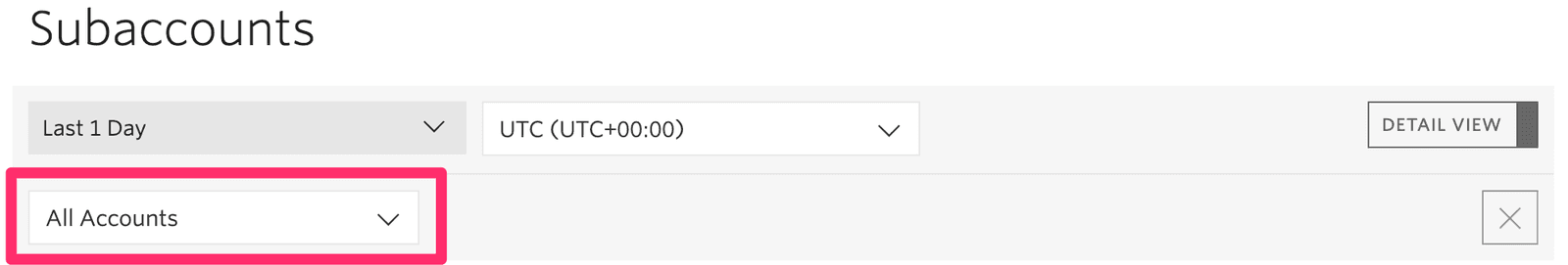 Subaccount dashboard showing filters for time range and account selection.