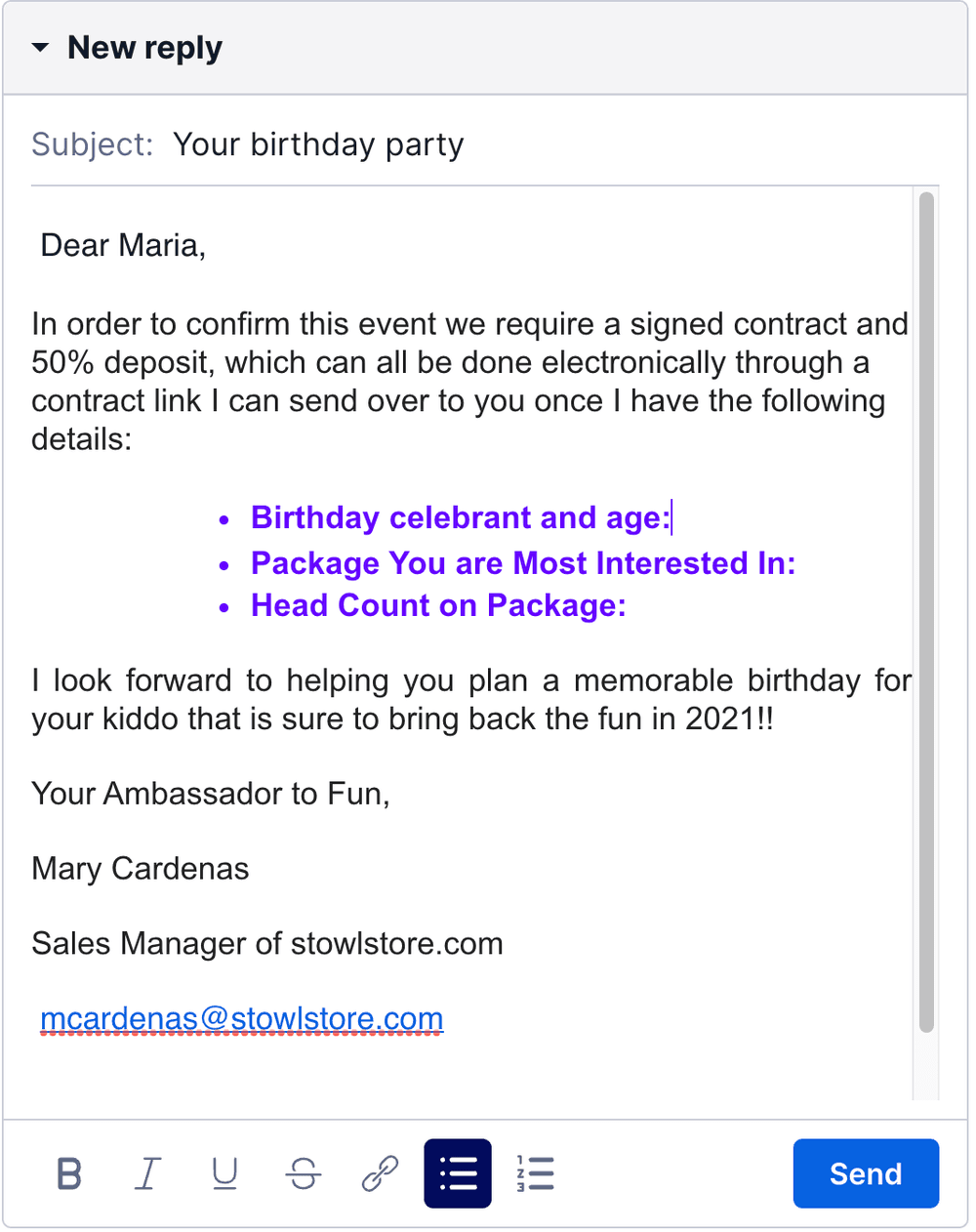 Email draft with subject 'Your birthday party' and details about event confirmation requirements.